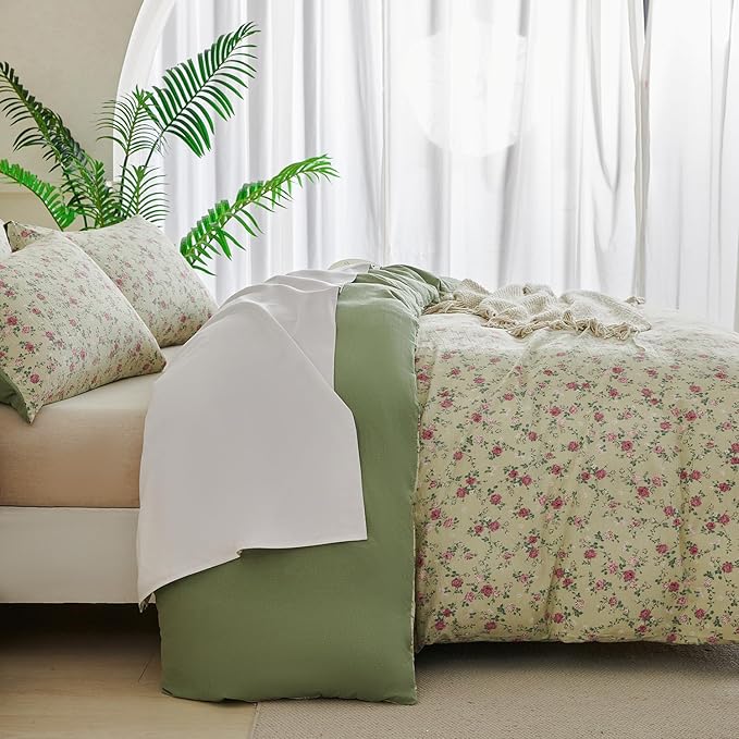 Floral Comforter Queen Set 3 Pieces Soft Cute Fresh Floral Bedding Lightweight Garden Style Floral Botanical Comforter for All Seasons and 2 Pillowcases