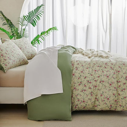 Floral Comforter Queen Set 3 Pieces Soft Cute Fresh Floral Bedding Lightweight Garden Style Floral Botanical Comforter for All Seasons and 2 Pillowcases