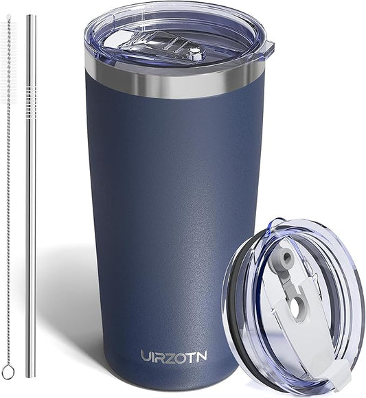 Travel Coffee Tumbler 20oz, Leakproof Travel Coffee Mug with Dual Lids and Straw, Stainless Steel Double Wall Vacuum Insulated Tumbler for Hot/Iced Drinks (Navy Blue, Textured Matte)