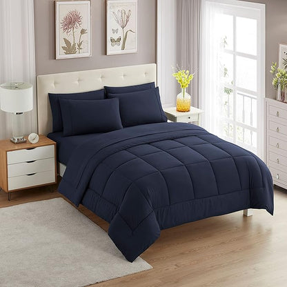 Full Size Comforter Set with Sheets - 7-Piece Bedding Collection - 1 Comforter, 1 Fitted Sheet, 1 Flat, 4 Pillowcases - Deep Pocket - Soft & Premium Quality - Ideal for All Seasons, Navy Blue