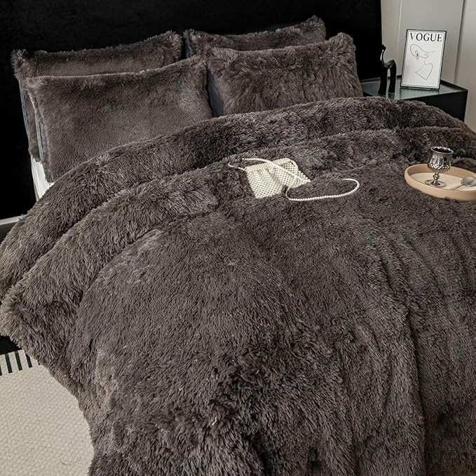 chovy Faux Fur Plush Gray Comforter Sets Twin/Full Size - Ultra Soft Shaggy Flannel Velvet Fluffy Fuzzy 3PC Bedding Set （Comforter x 1 Pillowcases x 2）