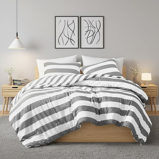 Reversible Striped Queen Comforter Set, Soft Microfiber Bedding Set with Double-Sided Stripes Design, Warm & Cozy for All-Seasons, 3-Piece Comforter and Shams Set Queen Size, Charcoal