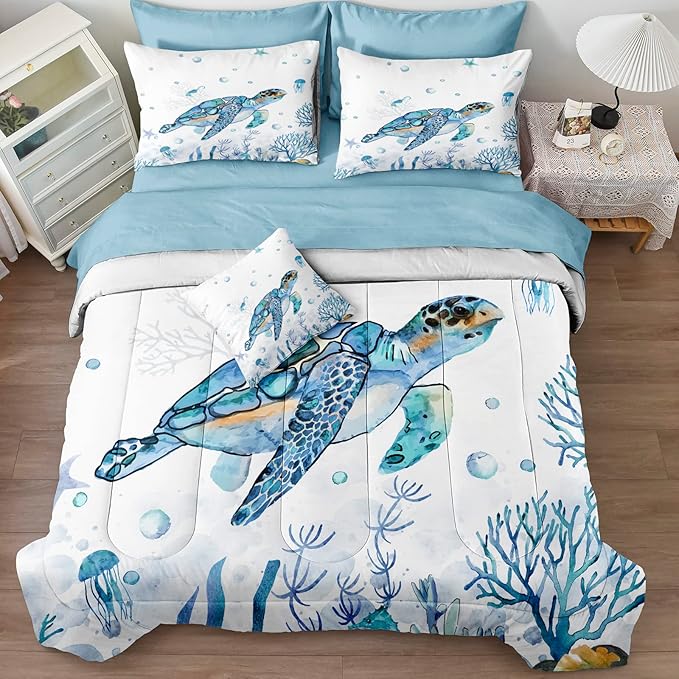 Sea Turtle Comforter Ocean Theme Bedding Set Full Size Bed in a Bag 8 Pieces Bed Set with 1 Ocean Comforter, 1 Blue Flat Sheet, 1 Fitted Sheet, 4 Pillowcases, 1 Cushion Cover(Sea Turtle, Full)