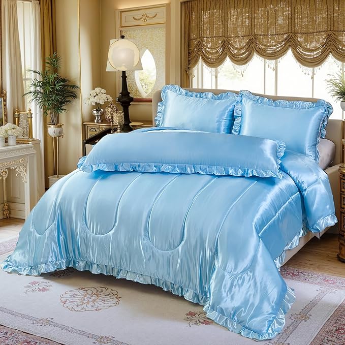 Satin King Comforter Silk Like Baby Blue Bedding 4 Pcs Hotel Soft Polyester Bed Set Luxury Silky Body Pillow Cover Ruffle Home Decor