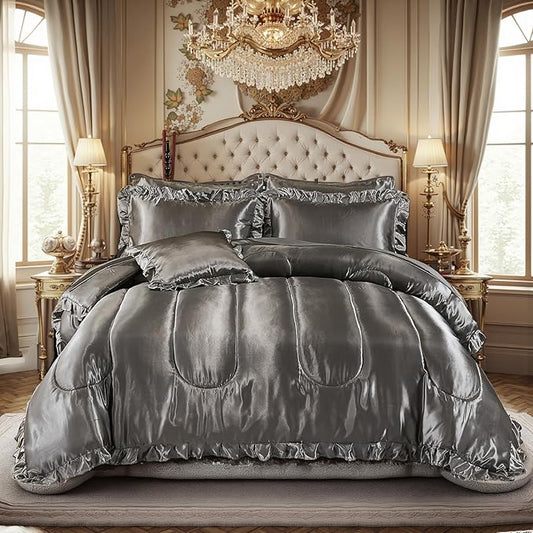 Grey Comforter Set with Satin Sheet Set Queen 8 Pieces Silk Like Satin Bedding Set Luxury Silky Ruffle Pattern Home Deocr Sexy Hotel Silky Bed Set with 1 Cushion Cover
