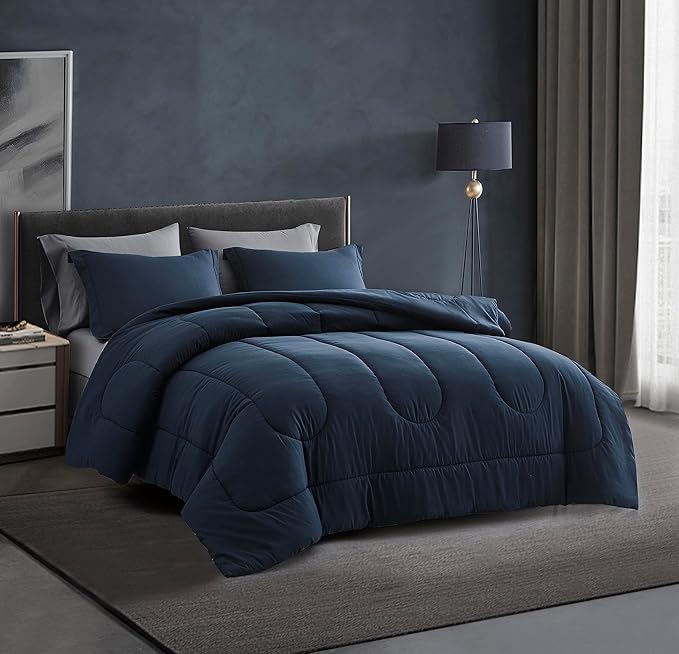 Maple&Stone King Size Comforter Set 7 Pieces Bed in a Bag - Down Alternative Bed Set with Sheets,Pillowcases & Shams, Soft Reversible Duvet Insert for King Bed,Navy & Dark Grey