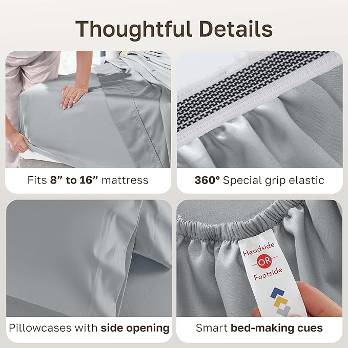 California Design Den Deep Pocket King Sheet Set - 1000 Thread Count Sateen, Thick and Natural 100% Cotton Sheets King Size, Durable Bedding Set - Light Grey