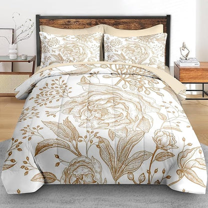 Comforter Set Queen Size, Rose Gold Floral Vintage 7 Pcs Bedding for Kids and Adults, Flower Leaves Retro Bed Sheet Sets with Fitted Sheet 2 Pillowcases & 2 Shams for Bedroom Bed Decor