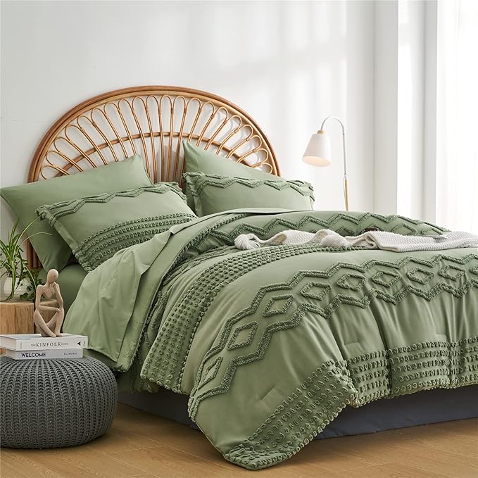Sage Green Tufted Comforter Set Queen Size 7 Piece Bed in a Bag, Shabby Chic Boho Comforter and Sheet Set, Pom Pom Textured Bed Set, All Season Soft Microfiber Complete Bedding Set(Green,Queen)