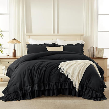 Andency Black California King Comforter Set(104x96Inch), 3 Pieces Farmhouse Shabby Chic Ruffle Bedding Comforter Sets, Lightweight Fluffy Soft Microfiber All Season Bed Set