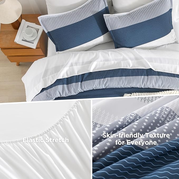 Andency Comforter Set Mineral Blue Oversized King(128"x120")- 7 Pieces Striped Lightweight Bed in a Bag, Soft Reversible Bedding Set with Comforter, Fitted & Flat Sheet, Pillowcases & Shams