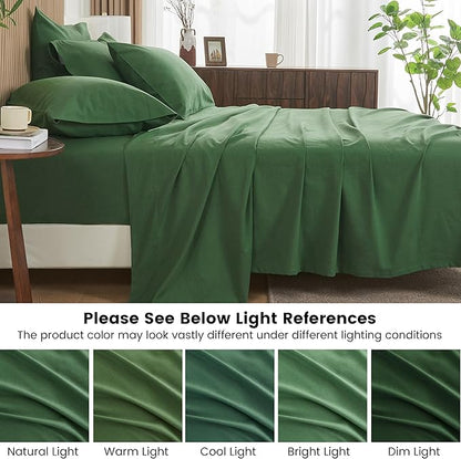 Simple&Opulence Belgian Linen Sheet Set Solid Color - 6 Pieces (1 Flat Sheet & 1 Fitted Sheet & 4 Pillowcases) 16" Deep Pocket Natural Flax Cotton Blended Soft Bedding - Forest Green, Queen Size