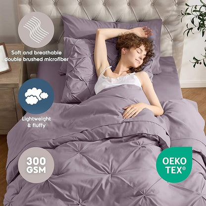 Nestl Twin Comforter Set 5 Piece - Pintuck Twin Bedding Set Grayish Purple, College Dorm Essentials for Girls and Boys Bed in a Bag Twin All Season, Twin Comforter Set with Sheets, Pillowcase and Sham