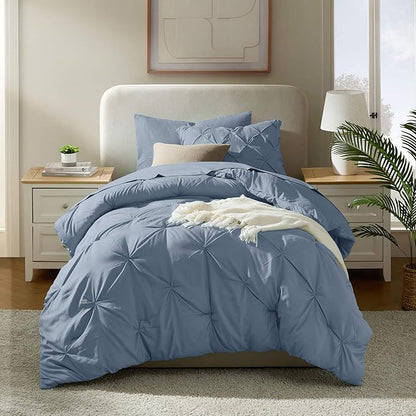 Nestl Twin XL Comforter Set 5 Piece - Pintuck Twin XL Bedding Set Stone Blue, College Dorm Room Essentials Bed in a Bag, Twin XL Comforter Set for College Girls & Boys with Sheets, Pillowcase and Sham