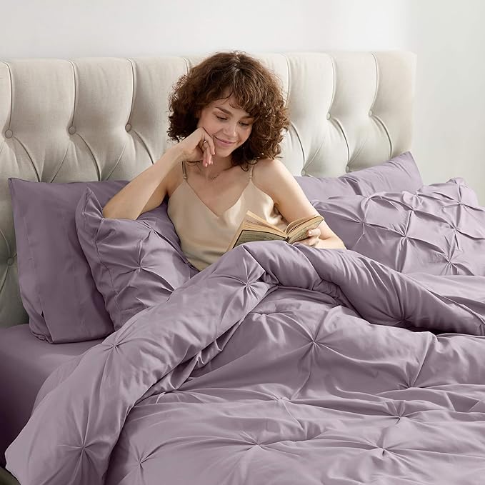 Nestl California King Comforter Set 7 Piece - Pintuck Cal King Comforter Set Dusty Purple, California King Bed in a Bag, All Season Bed Set with Flat Sheet and Fitted Sheet, Pillowcases and Shams