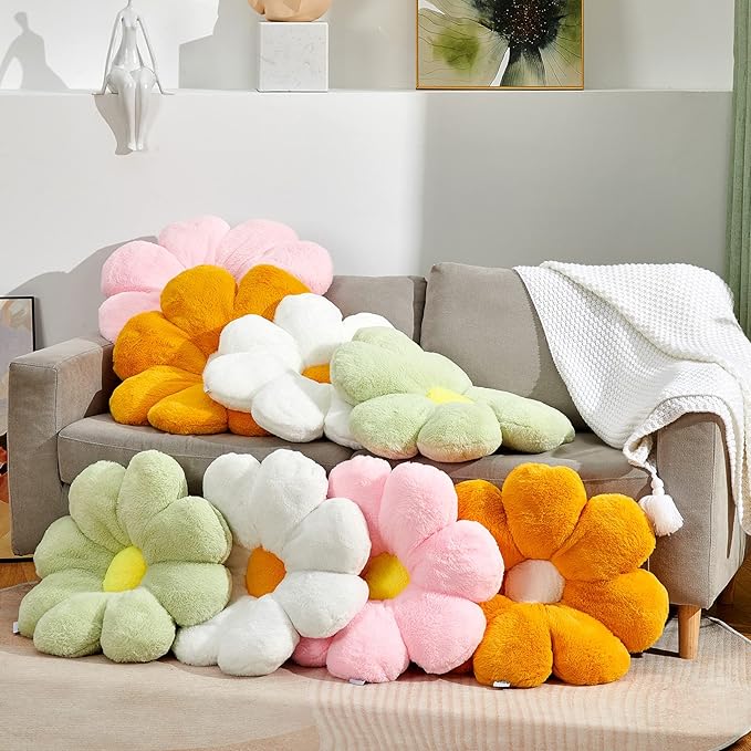Large 21.6" Pink Flower Pillow Floor Pillow & Office Chair Cushion – Faux Rabbit Fur Plush Decorative Pillow, Comfortable Gift for Girls Adults