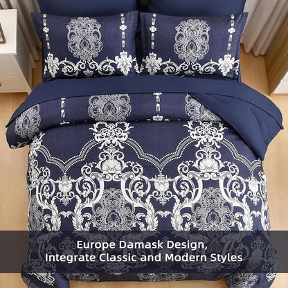 Mybedsoul 7 Pieces Navy Blue Comforter Set King Size, Damask Bed in a Bag for King Bed, Lightweight Microfiber Boho Bedding Sets with Comforter, Sheet, Pillowcases & Shams for All Season(90"x104")