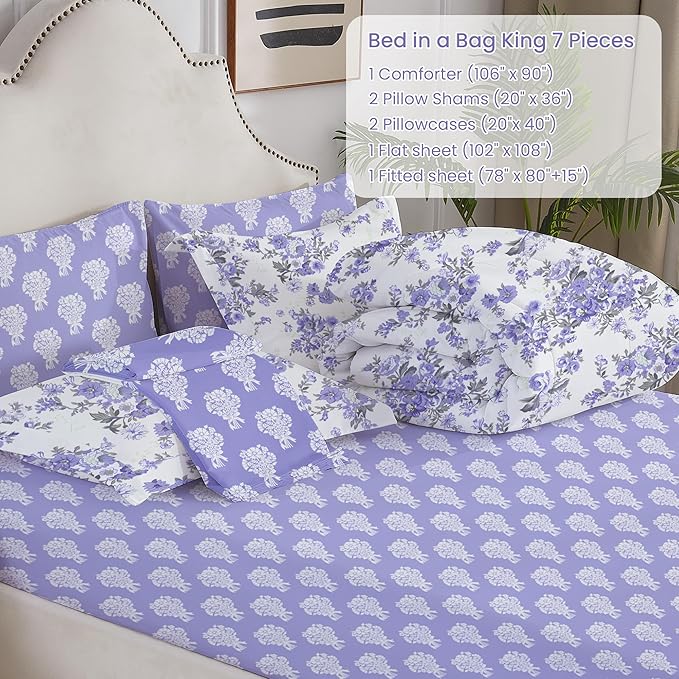 Floral King Comforter Set with Sheets, 7 Piece Luxury Vintage Bedding, Soft Microfiber Bed in a Bag, Cozy Lightweight Bed Set, Lavender Flower Grey Leaf