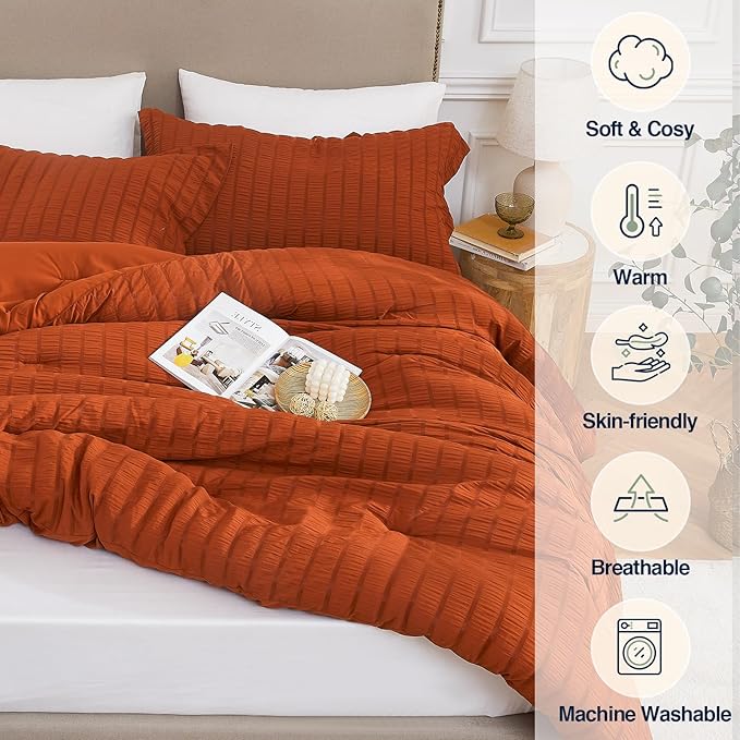 Terracotta Queen Comforter Set - 3 Pieces Seersucker Lightweight Bedding Comforter Sets (1 Soft Fluffy Comforter & 2 Pillowcases) - All Seasons Cozy Modern Bed Sets for Women Men