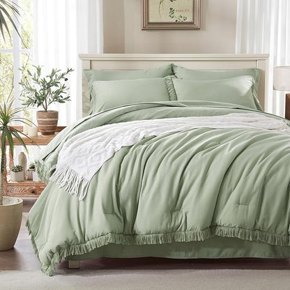 Anluoer Queen Comforter Set - 7 Piece Boho Bed in a Bag with Tassel - Lightweight Soft Bedding Set with 1 Comforter, 2 PillowShams, 2 Pillowcases, 1 Flat Sheet, 1 Fitted Sheet in Sage Green