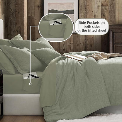 Geniospin King Size Comforter Set- 7 Piece Sage Green Textured King Bedding Set, Soft Solid Bed in a Bag for All Season, King Comforter Set with Sheets(Sage Green,102''x90'')