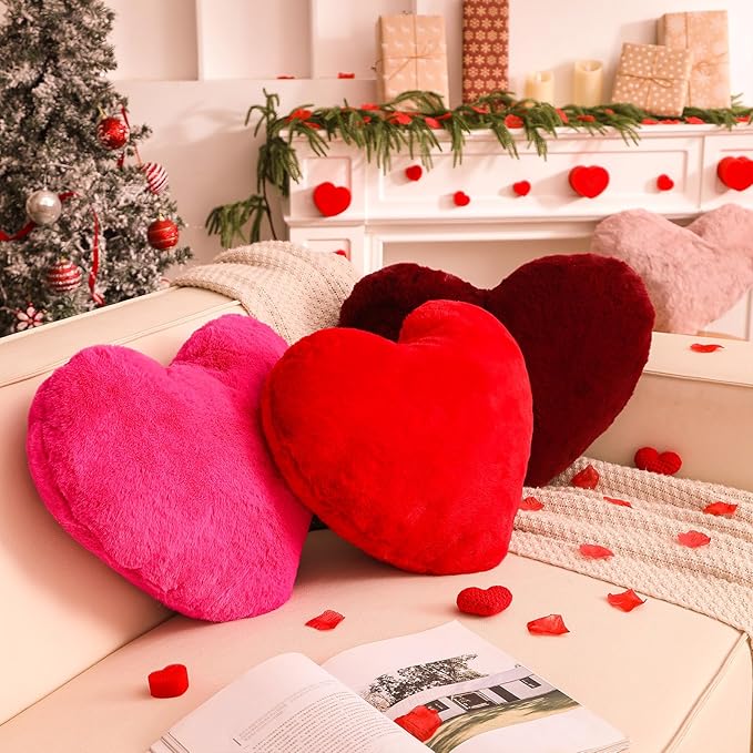 YRXRUS Valentines Heart Pillows, Love Heart Shaped Pillow, Small Cute Red Heart Pillows for Gifts, Faux Rabbit Throw Pillows for Her, Kids, Girls Home Decoration, 10X11 Inch