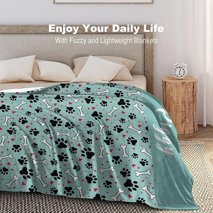 Personalized Paw Print Dog Blanket With Pets Name, Custom Pet Name Blanket for Small Medium Large Dogs, Customized Puppy Blanket, Dog Memorial Throw Blanket Gift for Dog Lovers Mom Dad