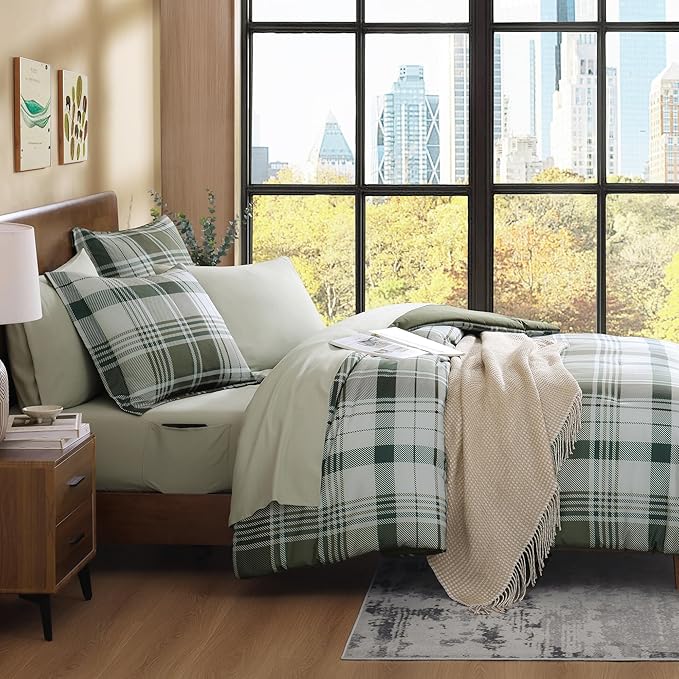 MaiRêve Full Size Comforter Set Olive Green, Plaid Design Comforter Set 7 Pieces, All Season Comfortable Bedding Sets Full, Lightweight, Soft and Warm (Olive Green, Full)