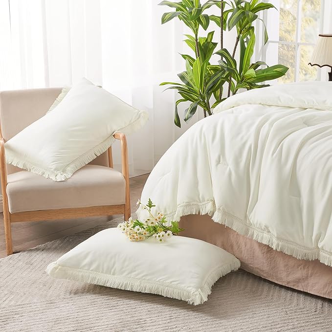 Andency Comforter Full Size Set Ivory, 3 Pieces Boho Ivory Lightweight Bedding Comforter Sets, All Season Tassel Bed Set (79x90In Comforter & 2 Pillowcases)