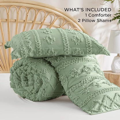Bedsure Tufted Boho Comforter Set King Size - Sage Green Boho Bed Set, GentleSoft™ 3 Pieces Farmhouse Shabby Chic Embroidery Bedding, Gifts for Woman, Soft Jacquard King Comforter for All Seasons