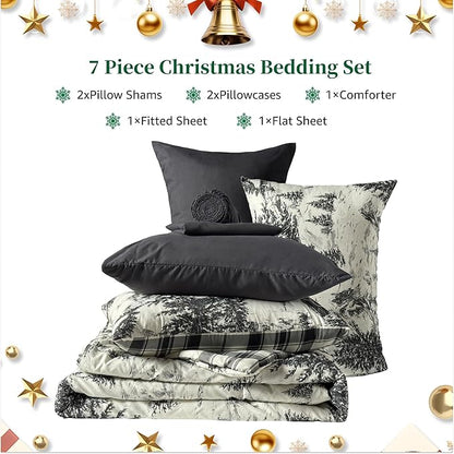 MaiRêve Christmas Full Comforter Sets, Grey Reindeer Tree Bed Set for Holiday, Reversible Gray Plaid Comforter Bed in a Bag, Soft Bedding Set 7 Pieces with Sheets, Pillowcases & Shams