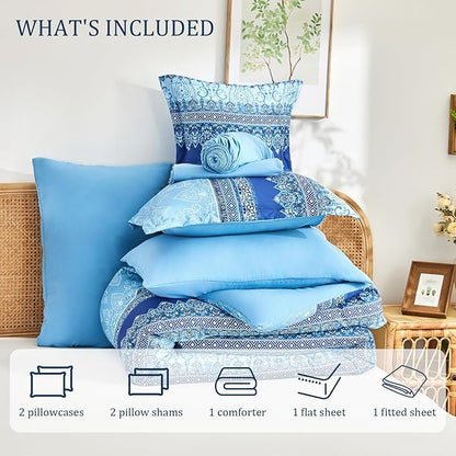 Boho Queen Comforter Set Blue - 7 Pieces Bed in a Bag Floral Striped Comforter and Sheet Set, Soft Microfiber Bohemian Bedding Sets Queen Size for All Season (Blue,Queen)
