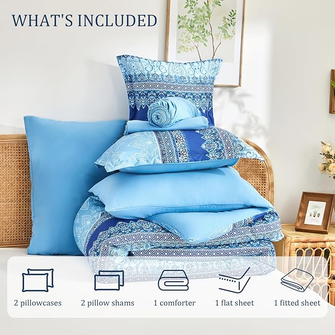 Boho King Size Comforter Set Blue - 7 Pieces Floral Striped Comforter Set with Sheets, Soft Microfiber Bohemian Complete Bedding Sets for All Season (Blue,King)