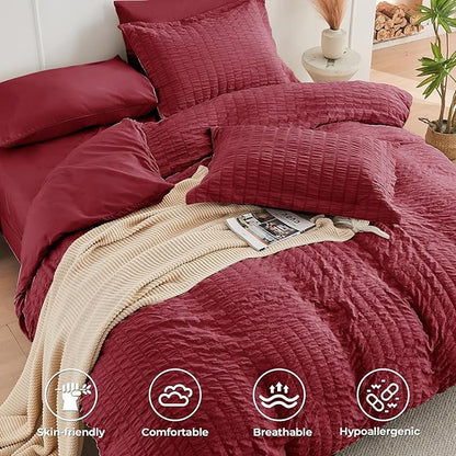 HYMOKEGE Burgundy Twin XL Comforter Set Seersucker 5 Pieces, All Season Luxury Bed in a Bag for Bedroom, Bedding Set with Comforter, Sheets, Pillowcase & Sham