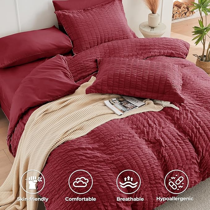 HYMOKEGE Burgundy Full Size Comforter Sets Seersucker 7 Pieces, All Season Luxury Bed in a Bag for Bedroom, Bedding Set with Comforters, Sheets, Pillowcases & Shams