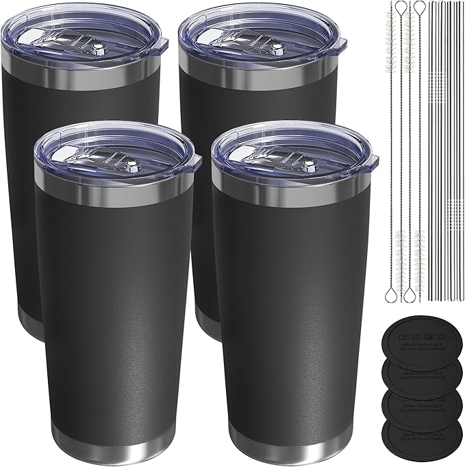 Travel Coffee Tumbler 20oz, 4 Pack Leakproof Travel Coffee Mug with Lid and Straw, Stainless Steel Double Wall Vacuum Insulated Tumbler for Hot/Iced Drinks (Black, Textured Matte)