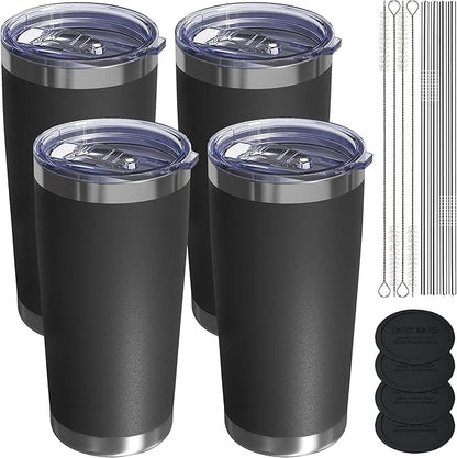 Travel Coffee Tumbler 20oz, 4 Pack Leakproof Travel Coffee Mug with Lid and Straw, Stainless Steel Double Wall Vacuum Insulated Tumbler for Hot/Iced Drinks (Black, Textured Matte)