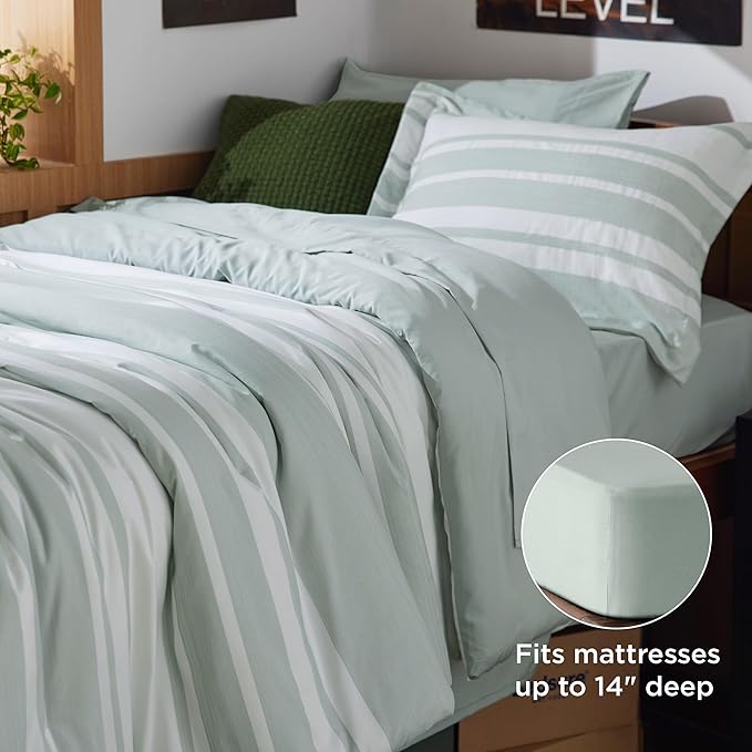 Bedsure Twin XL Comforter Set 5 Pieces, Sage Green Striped Bedding Set for All Seasons, Reversible, Cationic Dyeing Bed in a Bag with Comforter, Sheets, Pillowcase & Sham