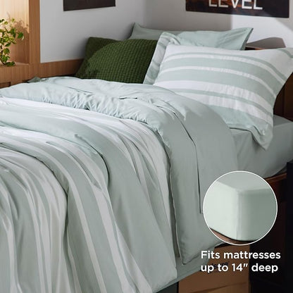 Bedsure Twin XL Comforter Set 5 Pieces, Sage Green Striped Bedding Set for All Seasons, Reversible, Cationic Dyeing Bed in a Bag with Comforter, Sheets, Pillowcase & Sham