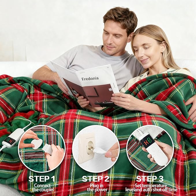 Electric Blanket Heated Throw, Soft Flannel 50"x60" Plaid Heating Blanket with 8 Hours Auto Off 10 Fast Heating Levels Machine Washable Sherpa Heated Blanket with Overheating Protection