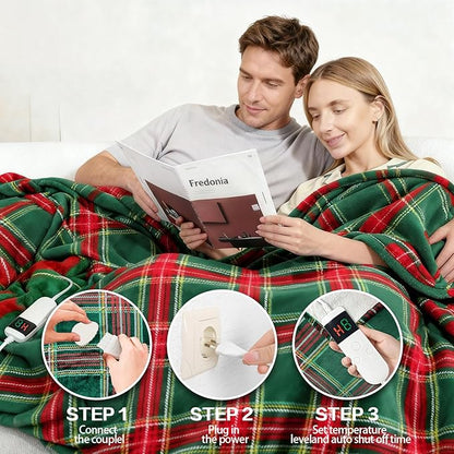 Electric Blanket Heated Throw, Soft Flannel 50"x60" Plaid Heating Blanket with 8 Hours Auto Off 10 Fast Heating Levels Machine Washable Sherpa Heated Blanket with Overheating Protection