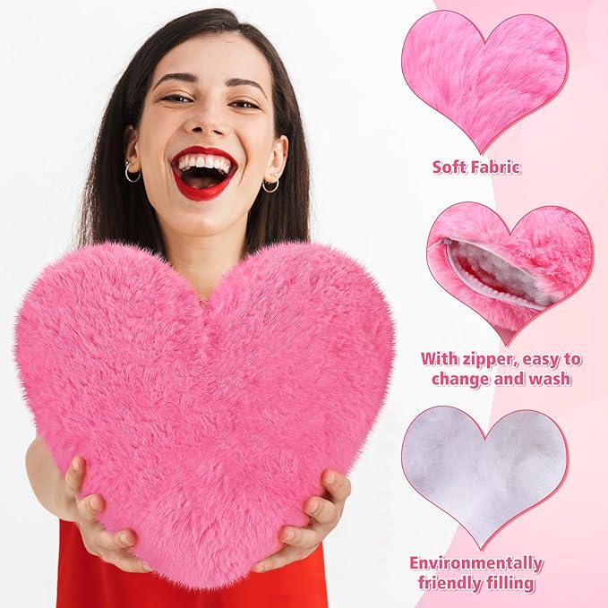 9 Pcs Pink Series Heart Pillow Faux Rabbit Fur Fluffy Love Heart Throw Pillows Cute Decorative Soft Throw Cushion Gift for Women Couch Bed Sofa Chair Home 11 in