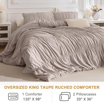 Masaca Oversized King Comforter(120"x98"),Taupe Ruched Ruffle California King Comforter Set,3 Pieces Lightweight Extra Large Farmhouse Shabby Boho Chic French Country Bedding Set