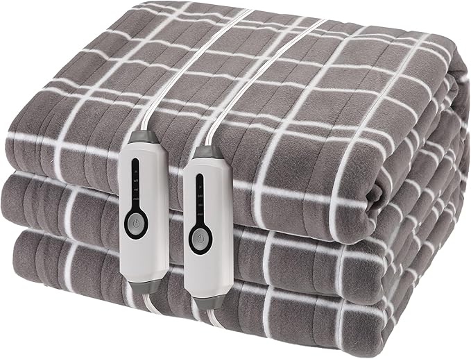 Electric Heated Blanket Queen Size 84"x90", Dual Controllers & Heating Zones, Soft Fleece for Bed, 10 Hs Auto Off & 4 Heating Levels, Machine Washable, Gifts for Family-Plaid Pattern, Light Gray