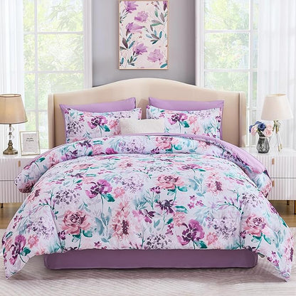 Luxudecor Floral Comforter Set King Size 7 Pieces Bed in a Bag, Purple Flower Watercolor Bed Set, Soft Comforter with Sheet Set 104"x90"