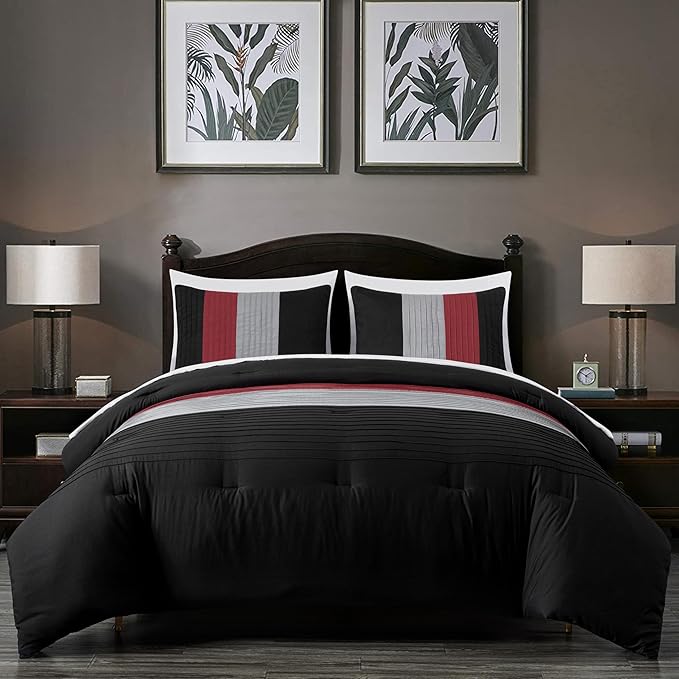 Chezmoi Collection Briar 7-Piece King Bed in a Bag - All Season Lightweight Microfiber Comforter Set - Includes Sheets & Shams - Red/Black/Gray Pleated Stripe Design