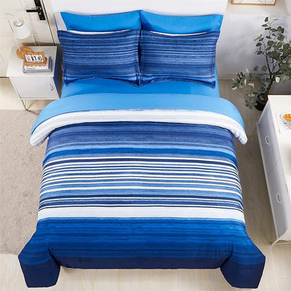 KAKIJUMN 7 Piece Bed in a Bag Stripe Comforter Set Full Size, White and Blue Patchwork Striped Comforter and Sheet Set, All Season Soft Microfiber Complete Bedding Sets(Blue,Full)