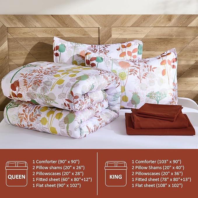 Anibedding 7Pieces Queen Comforter Set, Brown Botanical Bed in a Bag Complete Set with Sheet Pillowcase for Bedroom All Season