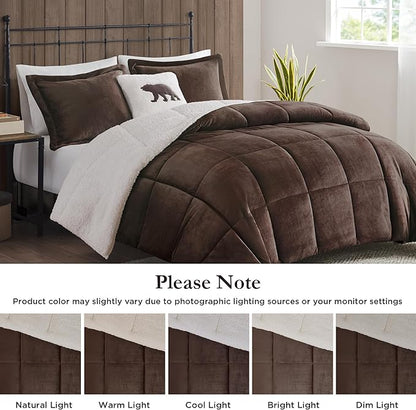 Woolrich Reversible Comforter Set Ultra Soft Plush to Sherpa, Down Alternative, Cold Weather Winter Warm Bedding, with Matching Sham, Decorative Pillow Brown/Ivory King 4 Piece