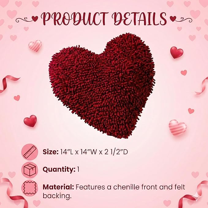 Fun Express Heart Shaped Pillow 14 Inch - Soft Chenille Throw Pillows for Valentine's Day Decor | Decorative Pillows for Bed, Couch & Living Room | Cute Room Decor Gift for Girls & Home